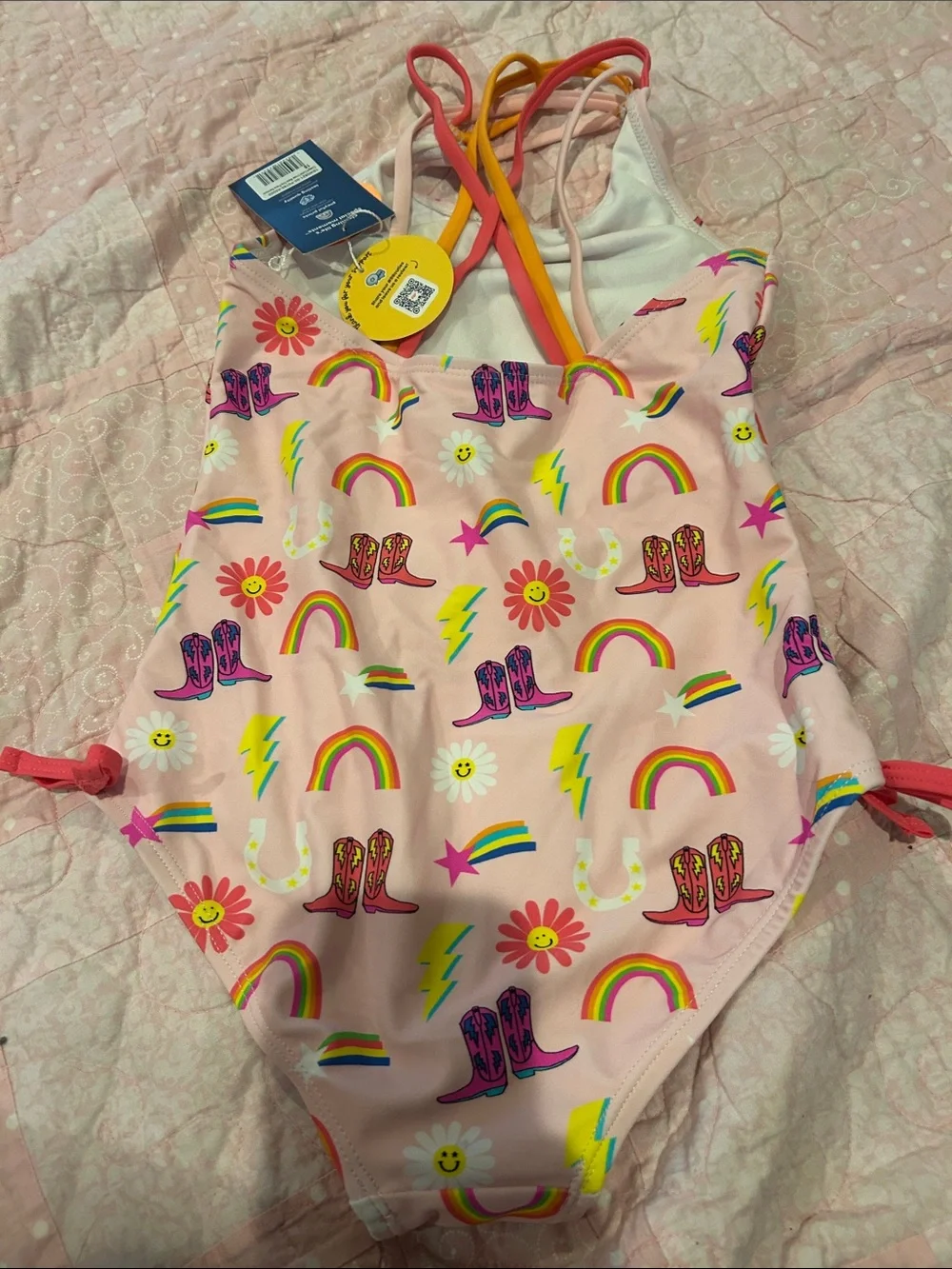 Ruffle Butts Pink One-Piece Swimsuit with Rainbow, Boots & Floral Print